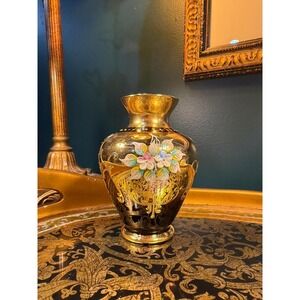 Vintage Bohemian Amethyst Glass Vase with Gold Gilding